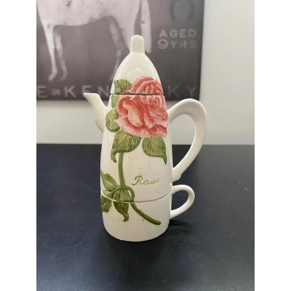 White Speckled‎ Ceramic Stackable Teapot with Lid & Handled Cup